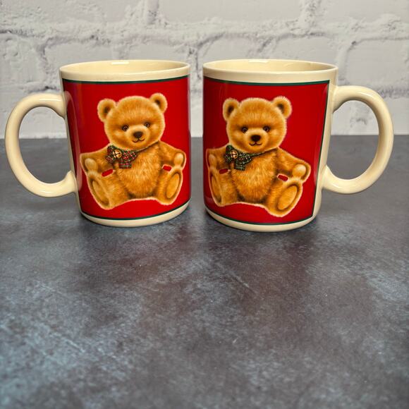 Vintage 1980's Hallmark "Mugs" Cute Teddy Bear Holiday Mugs, Set of 2 - Picture 1 of 6